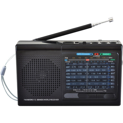 Supersonic(R) SC-1080BT- BLK 9-Band Rechargeable Bluetooth(R) Radio with USB/SD(TM) Card Input (Black)
