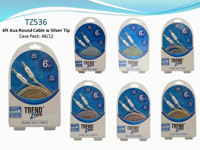 6' Flat 3.5Mm Aux Cable With Ith Silver Tips Case Pack 24